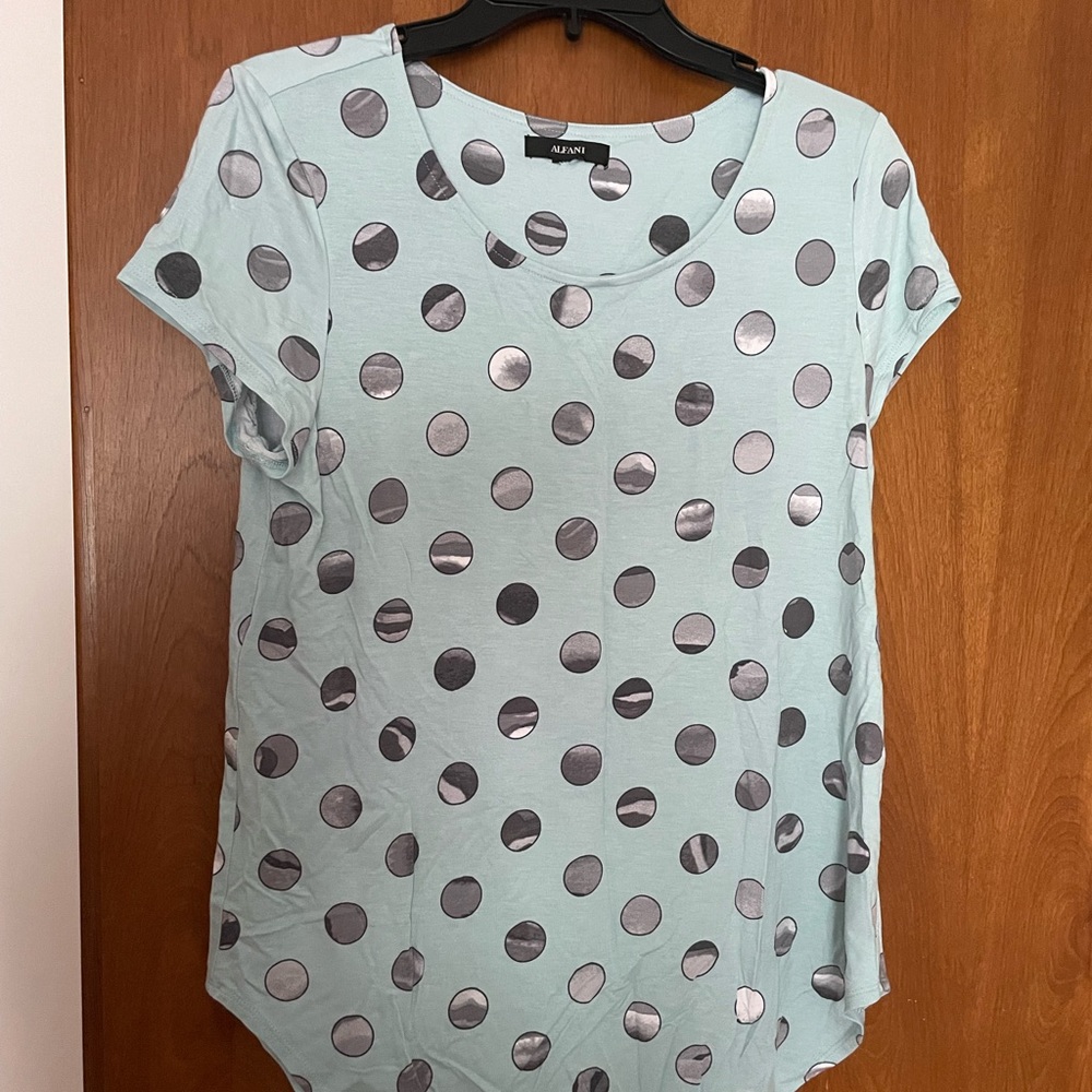 Alfani polka dot blue and silver short sleeve shirt. Size large